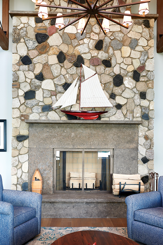 A stone fireplace was built in the great room. 